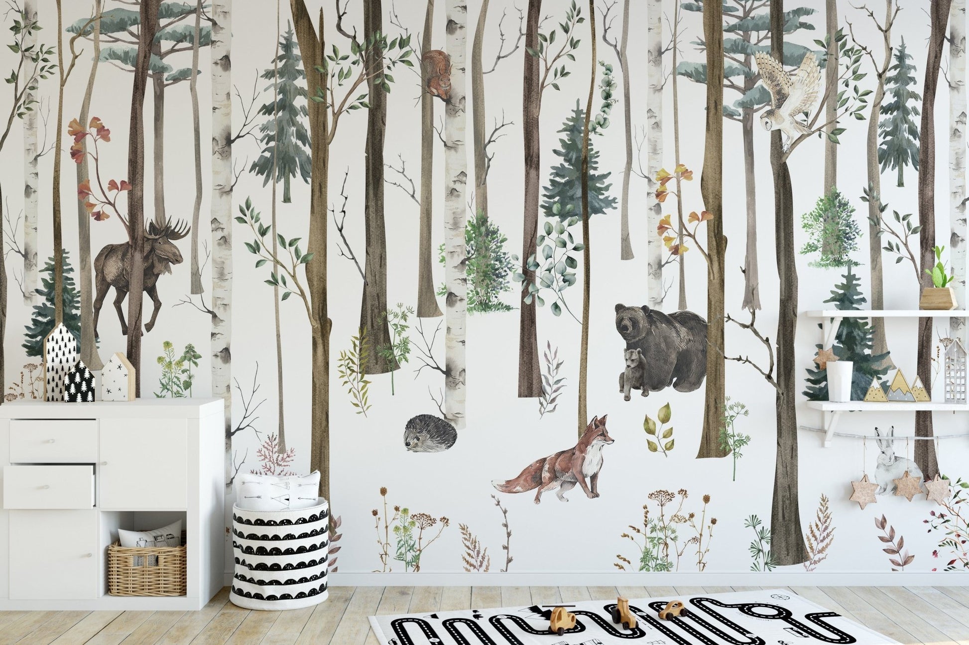 Winter forest wallpaper featuring fox and bear
