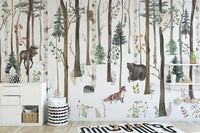 Winter forest wallpaper featuring fox and bear
