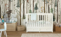 Whimsical snow forest mural with animals
