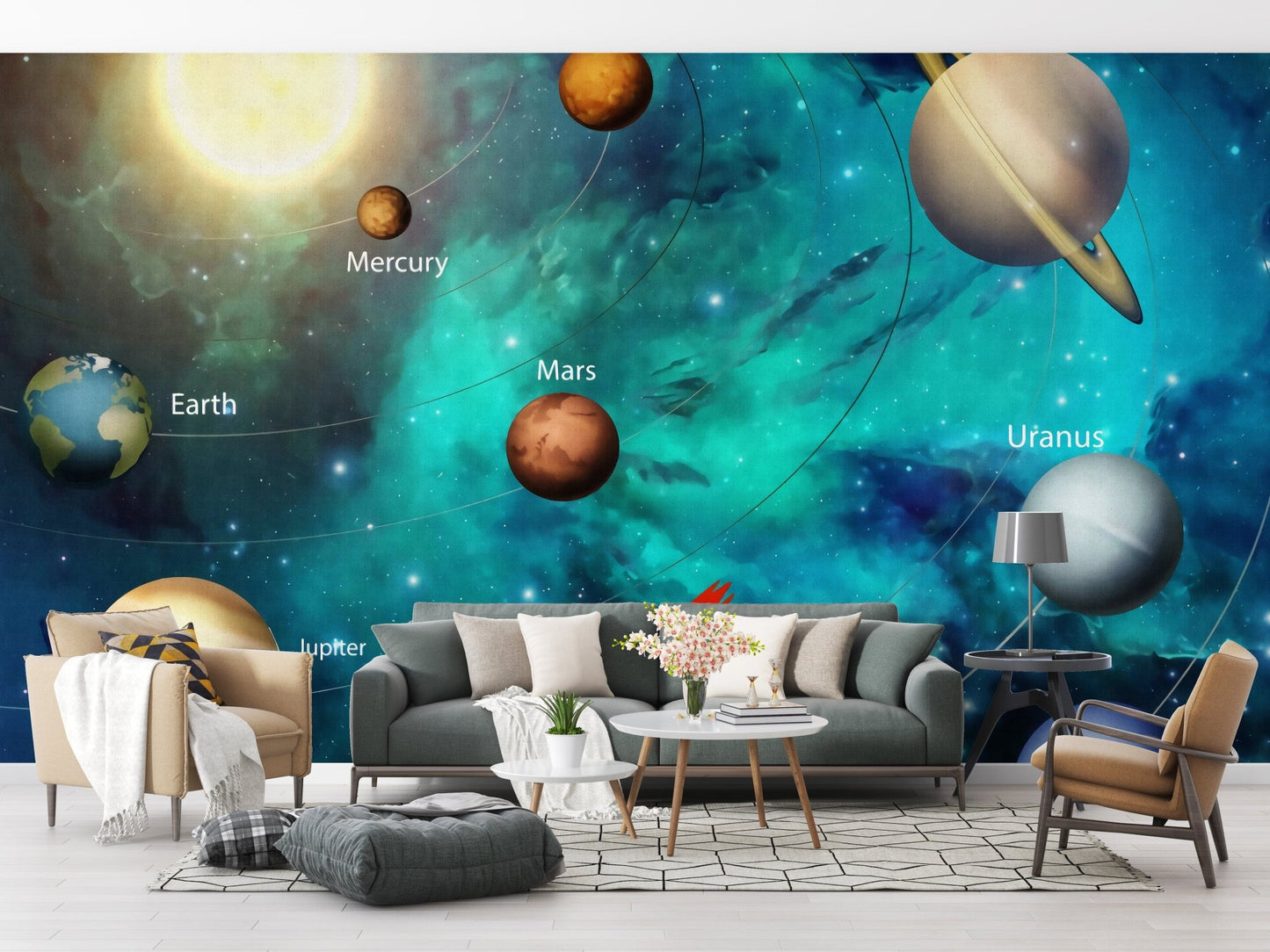Fun solar system mural for kids’ rooms, A144