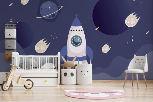 Kids Spaceship Wallpaper creates a galactic nursery vibe C456