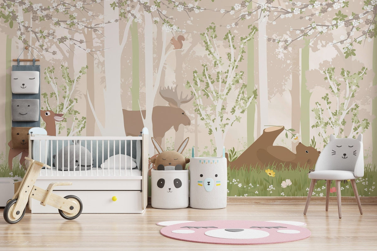 Kids Woodland Friends Mural creates a cozy nursery vibe C461