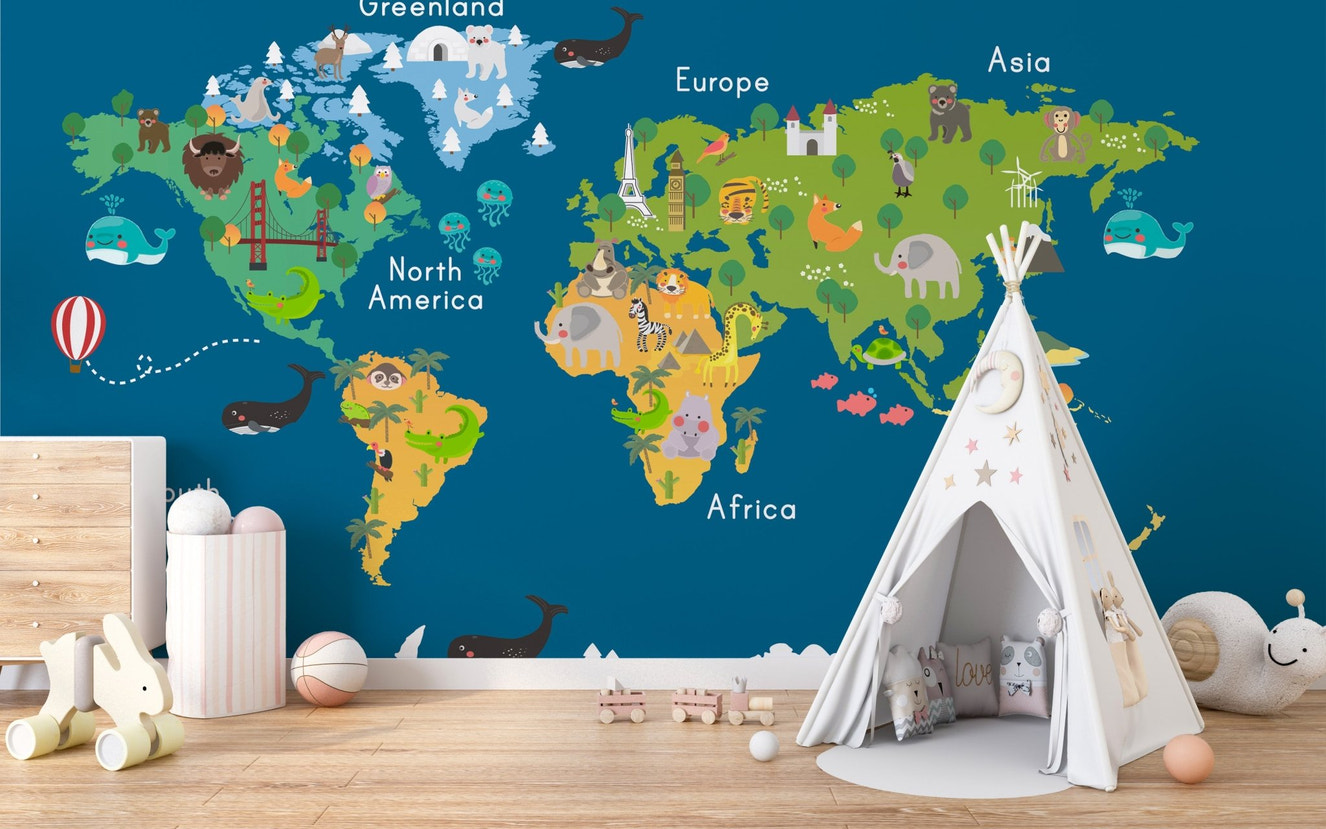 Blue world map wallpaper for kids

