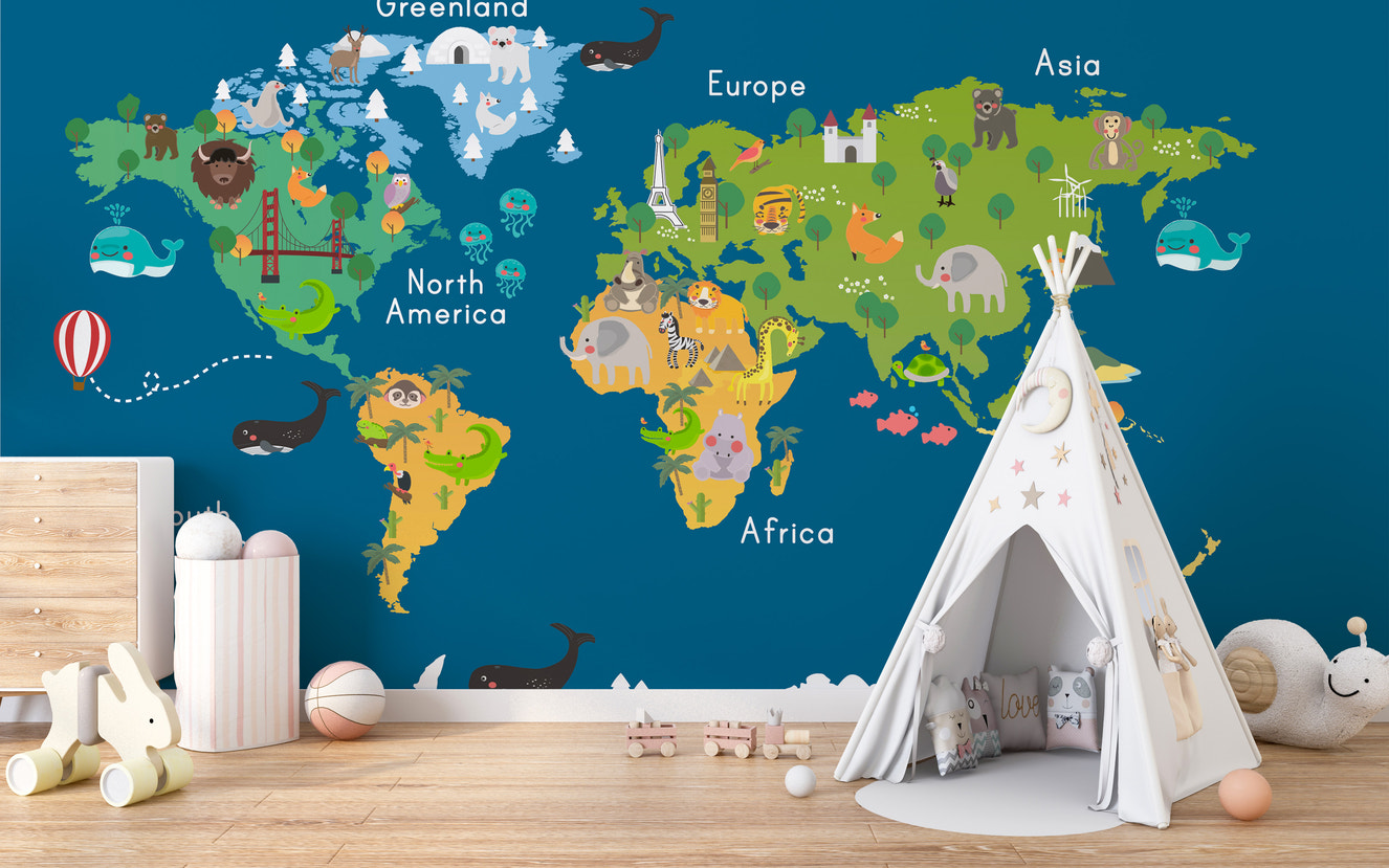 Blue world map wallpaper for kids
