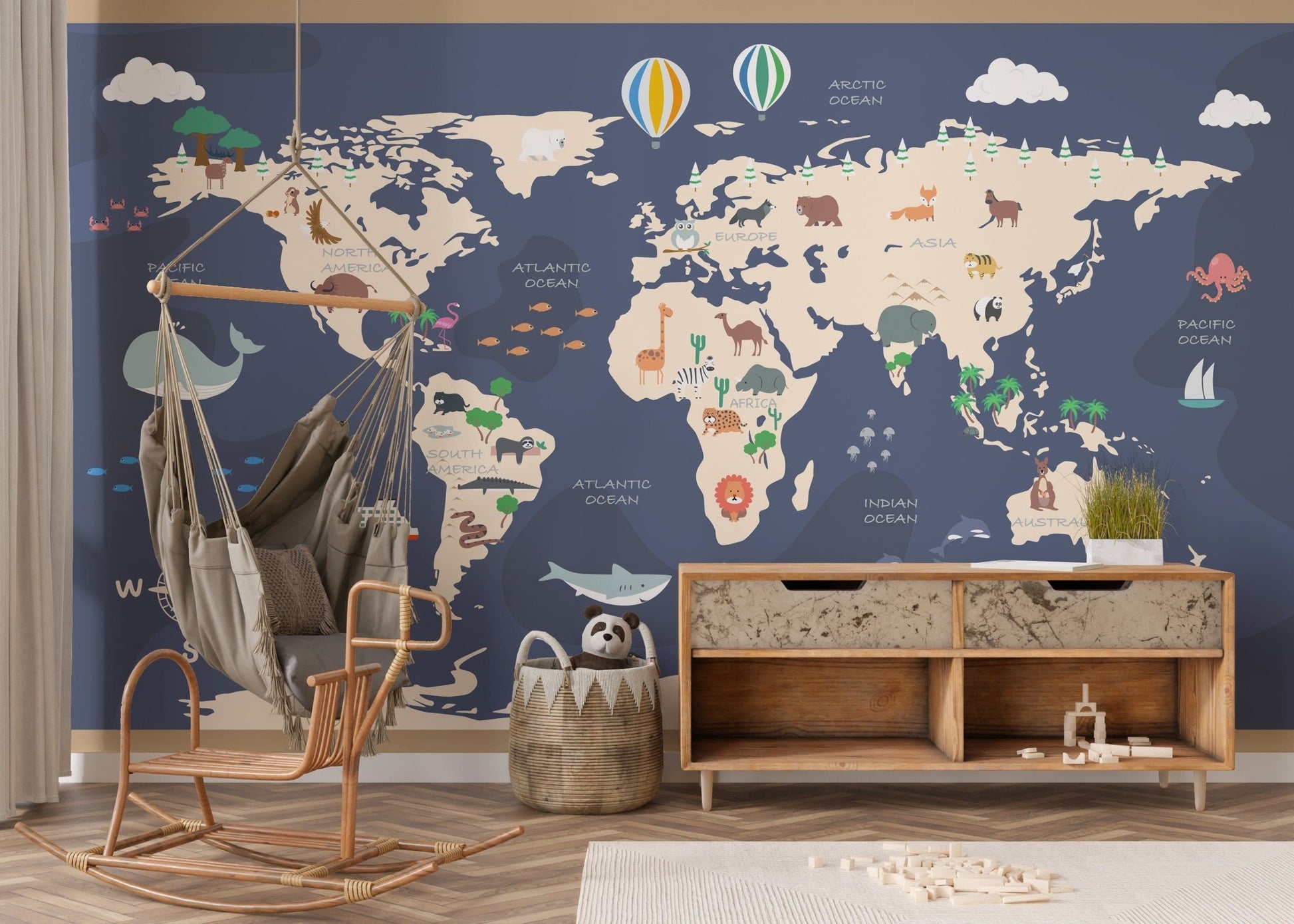 Kids World Map with Cartoon Wallpaper Mural - Giffywalls A825