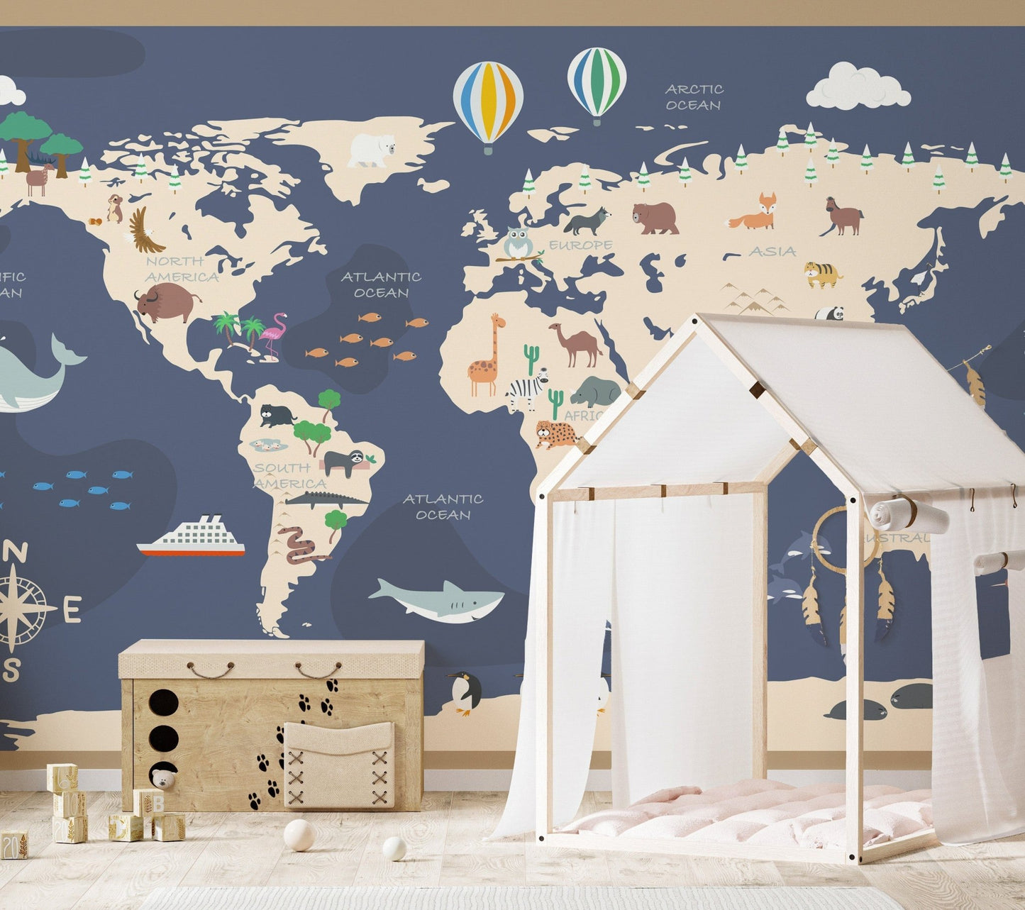 Kids World Map with Cartoon Wallpaper Mural - Giffywalls A825