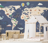 Kids World Map with Cartoon Wallpaper Mural - Giffywalls A825
