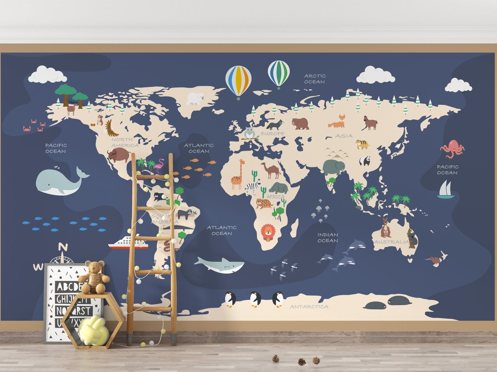 Kids World Map with Cartoon Wallpaper Mural - Giffywalls A825