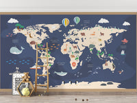Kids World Map with Cartoon Wallpaper Mural - Giffywalls A825