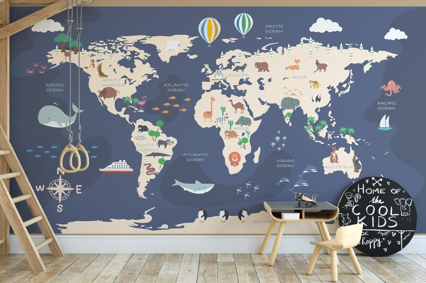 Whimsical world map wallpaper with wildlife A825