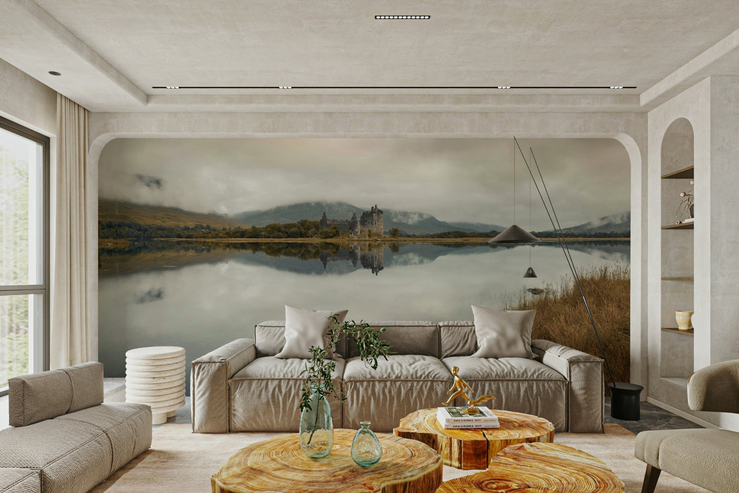 Castle ruins by lake wall design

