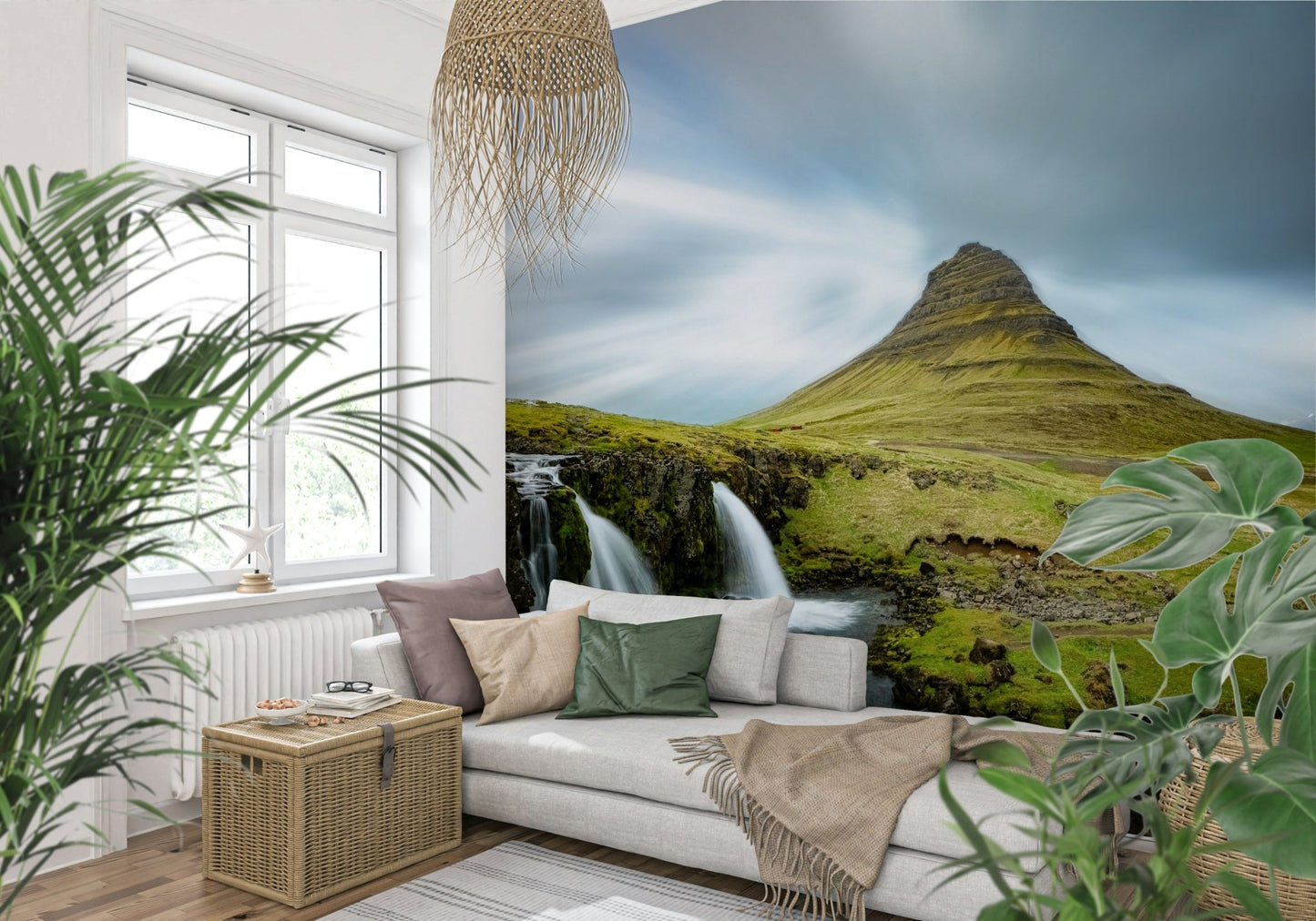 An artistic natural vista mural on scenic wallpaper.