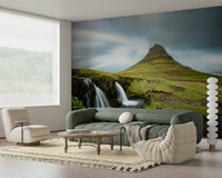 A beautiful Kirkjufell mountain wallpaper mural with reflections and water.