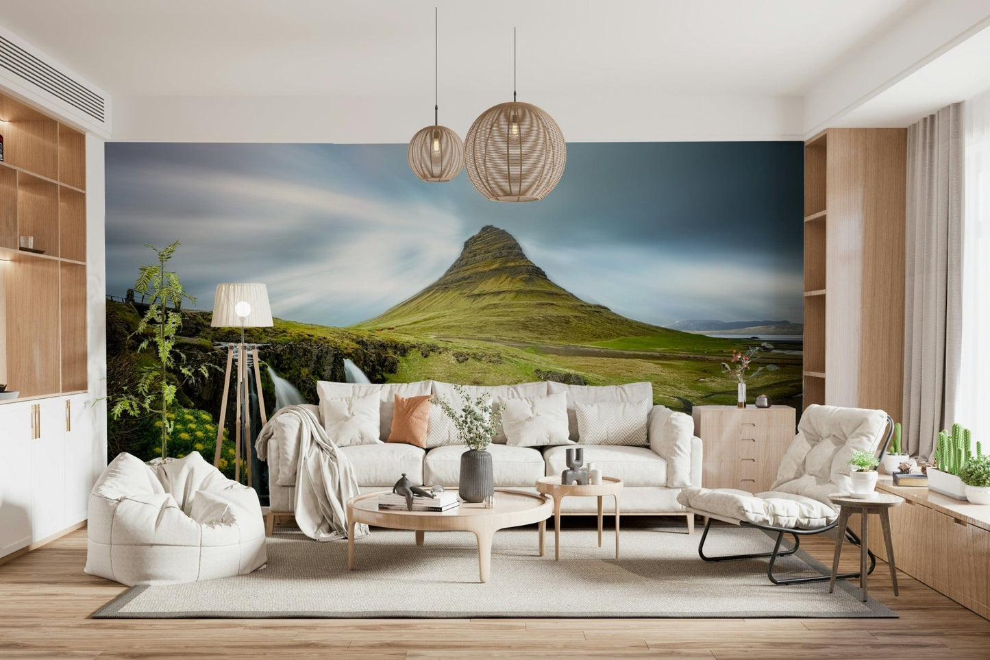 A beautiful wide-angle wall mural of a serene landscape.