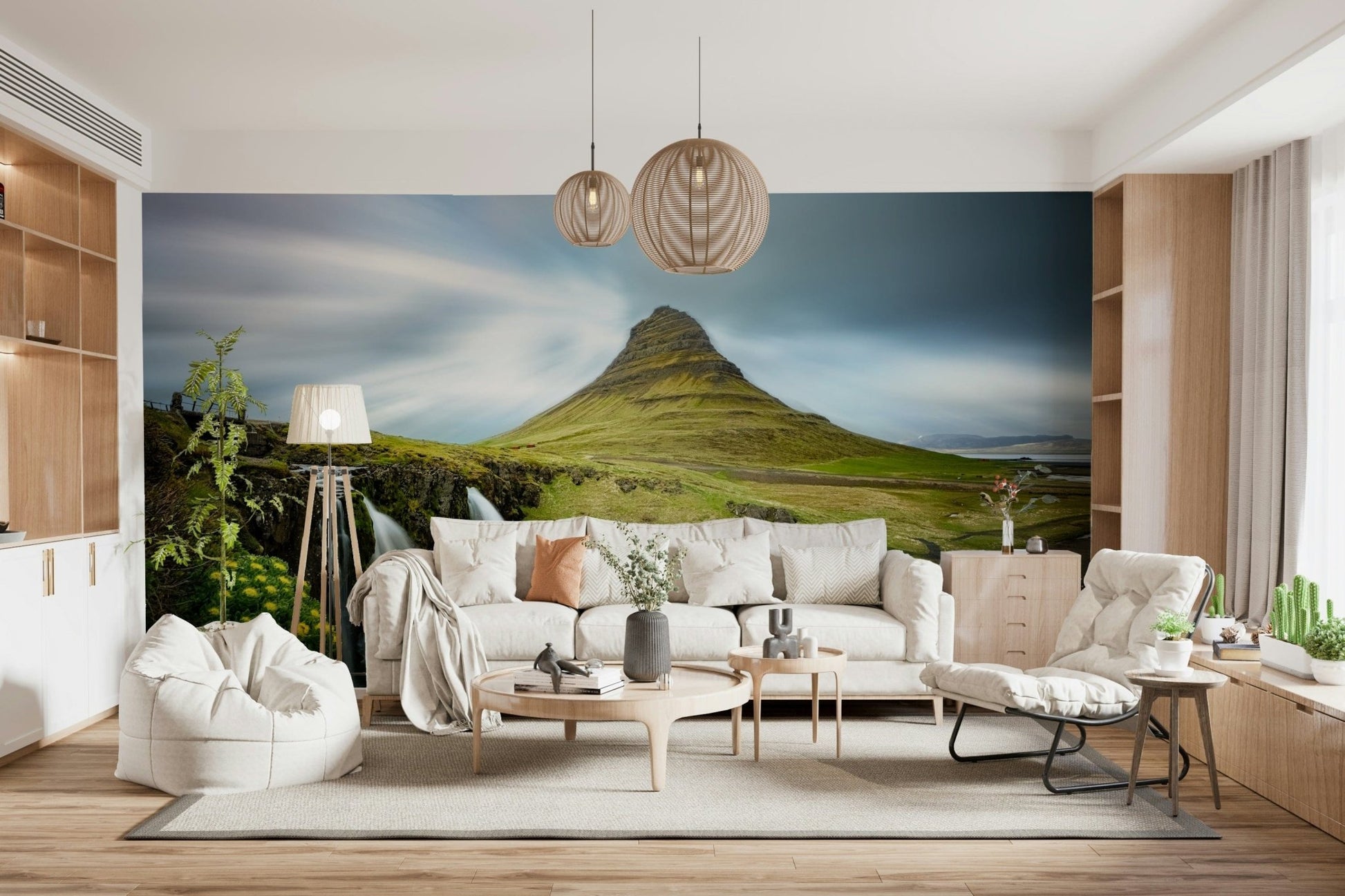 A beautiful wide-angle wall mural of a serene landscape.