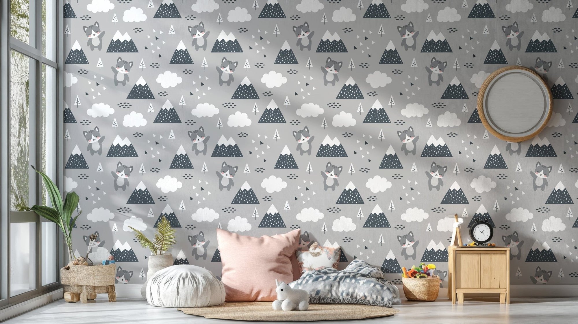 Playful kitty and forest-themed mural art A972
