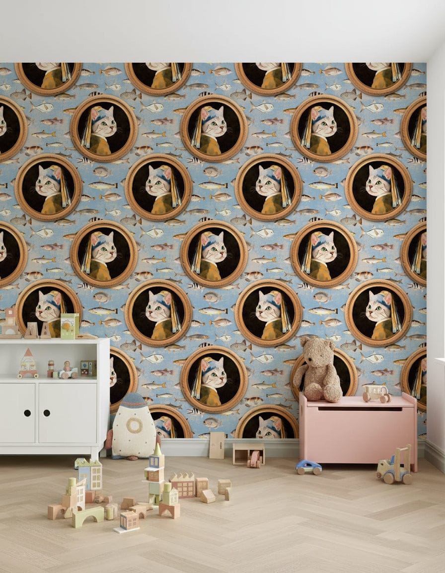 Minimalist ocean wallpaper in a light filled apartment hallway setting.