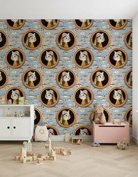 Minimalist ocean wallpaper in a light filled apartment hallway setting.