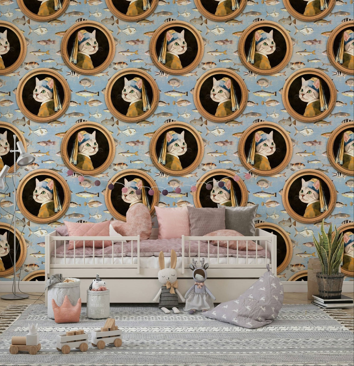 Kitty Vermeer's Sea Wallpaper with rhythmic wave patterns in a bathroom., GD3079