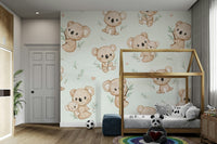 Gentle koala prints on a mint green canvas

