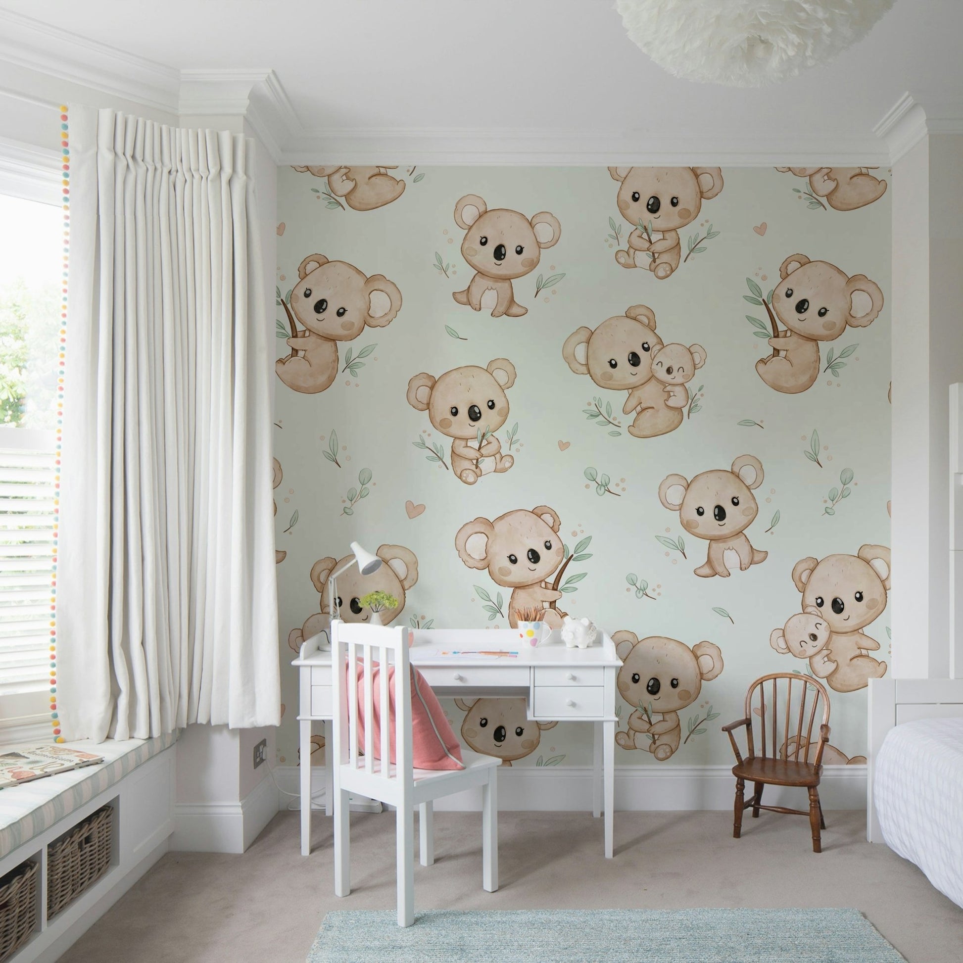 Koala mom and baby snuggles in soft tones

