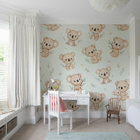 Koala mom and baby snuggles in soft tones

