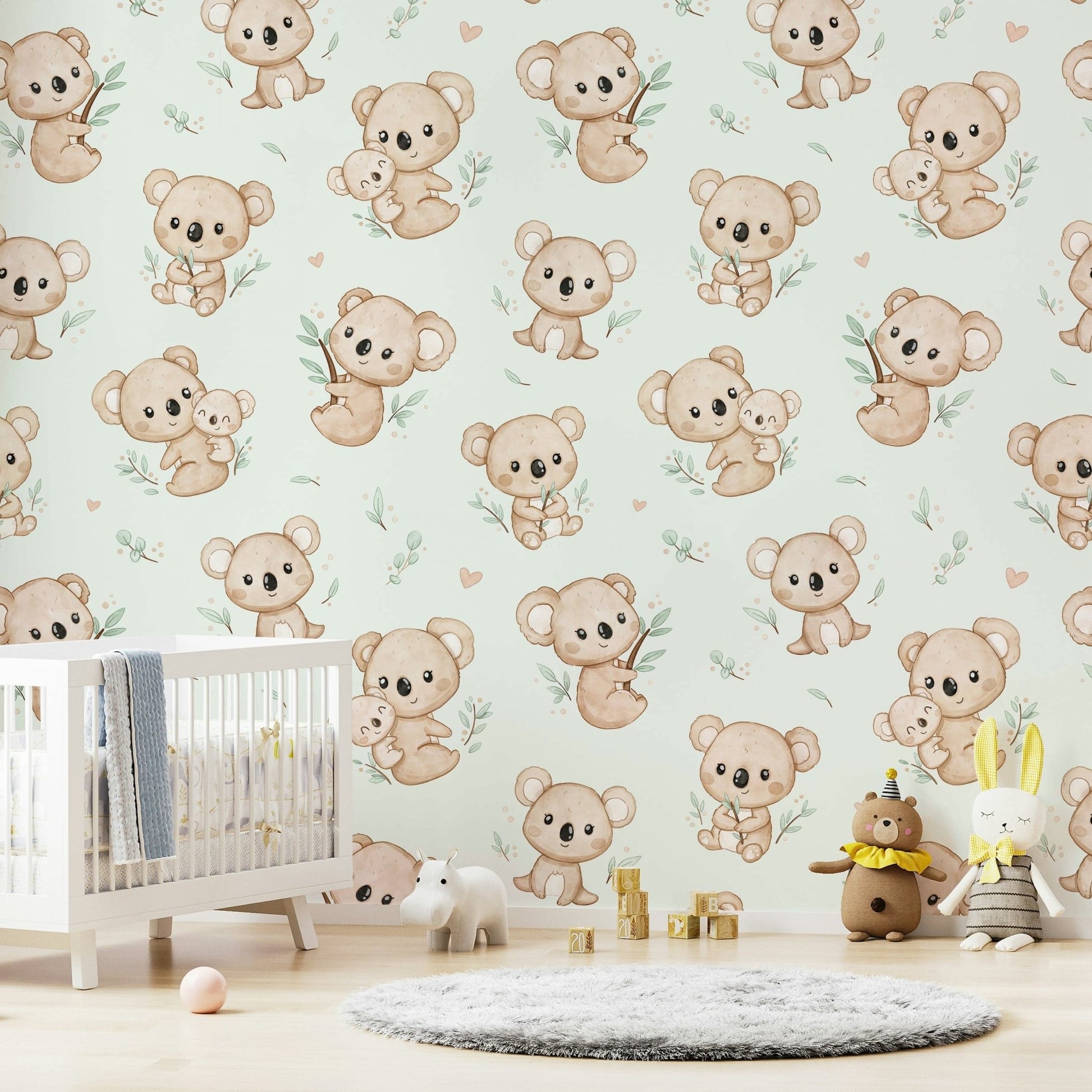 Cute koala cuddles on mint background pattern

