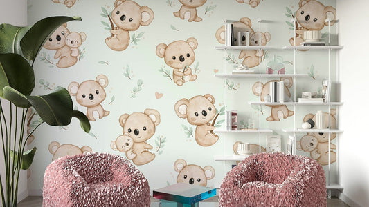 Watercolour koalas cuddling on mint backdrop

