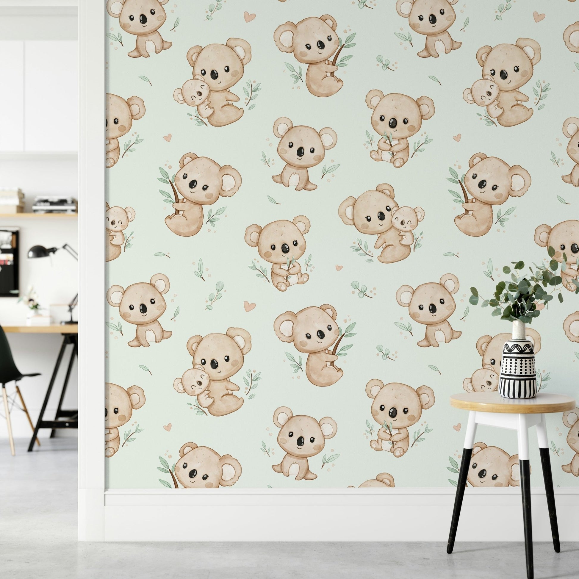 Mint wallpaper with cute cuddly koala bears

