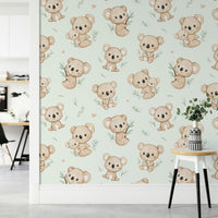 Mint wallpaper with cute cuddly koala bears

