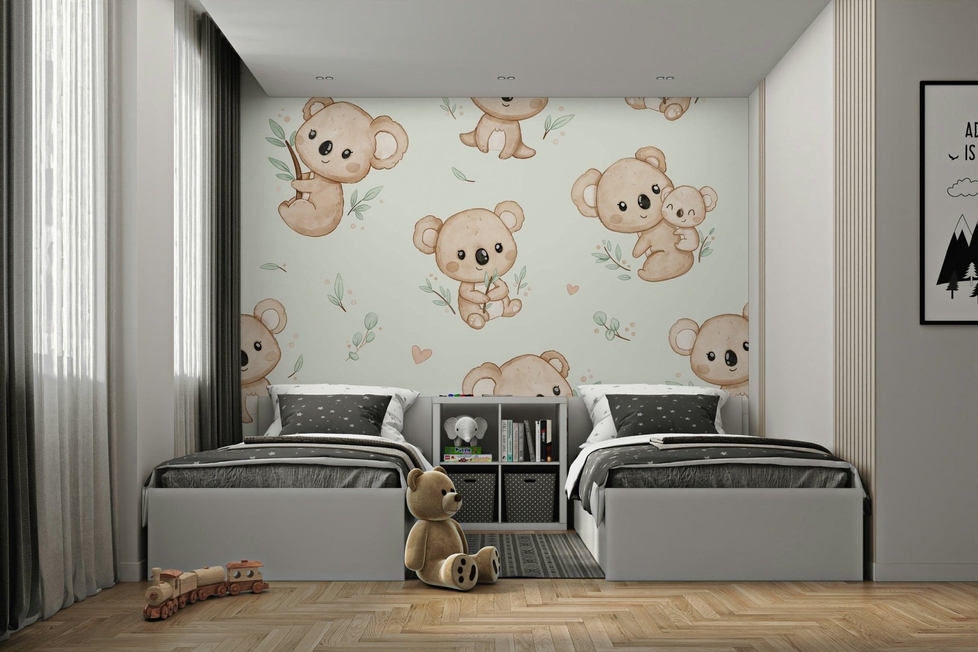Charming koalas with leafy sprigs and hearts

