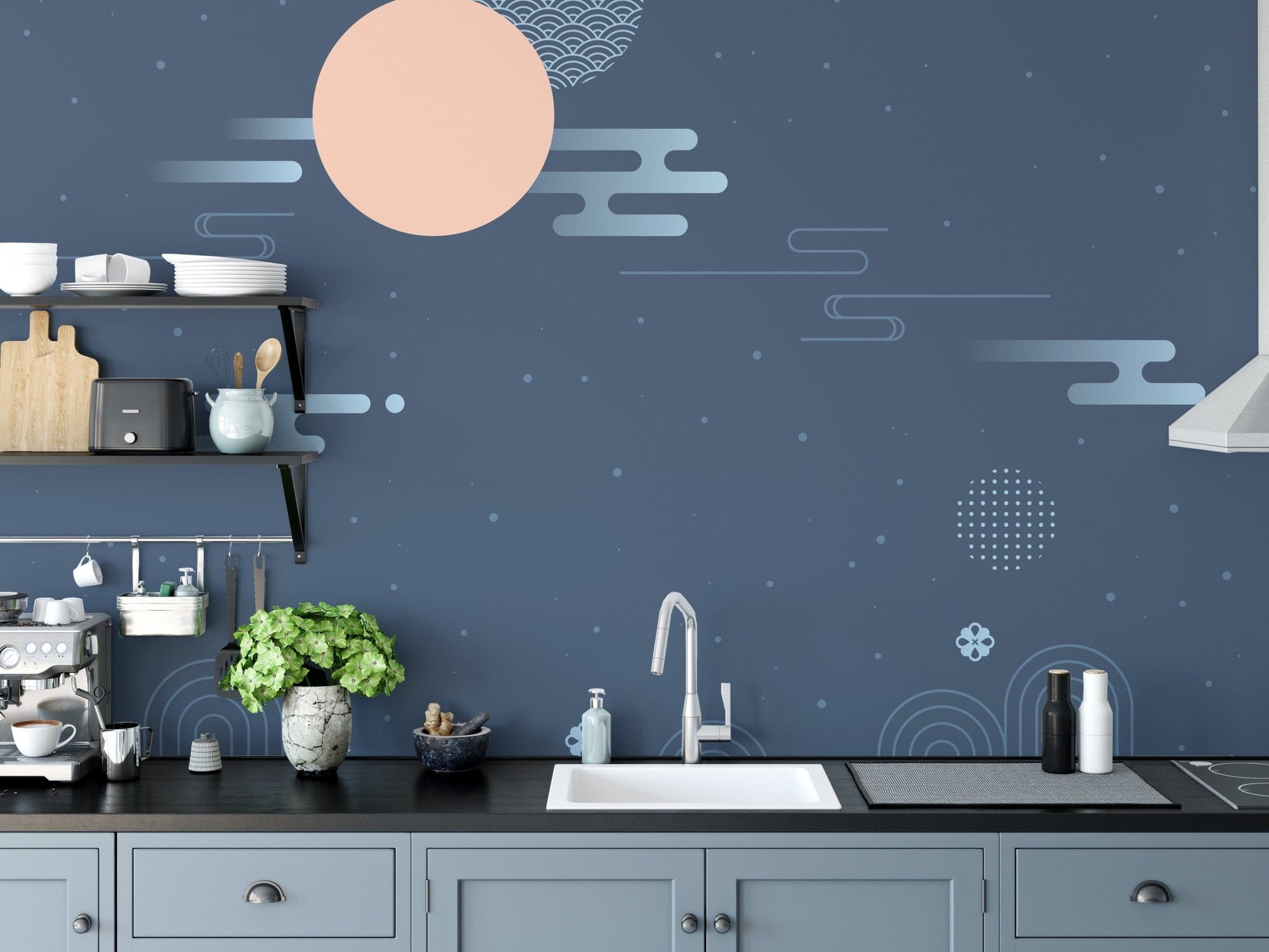 Korean traditional wallpaper with dark blue patterns. A808