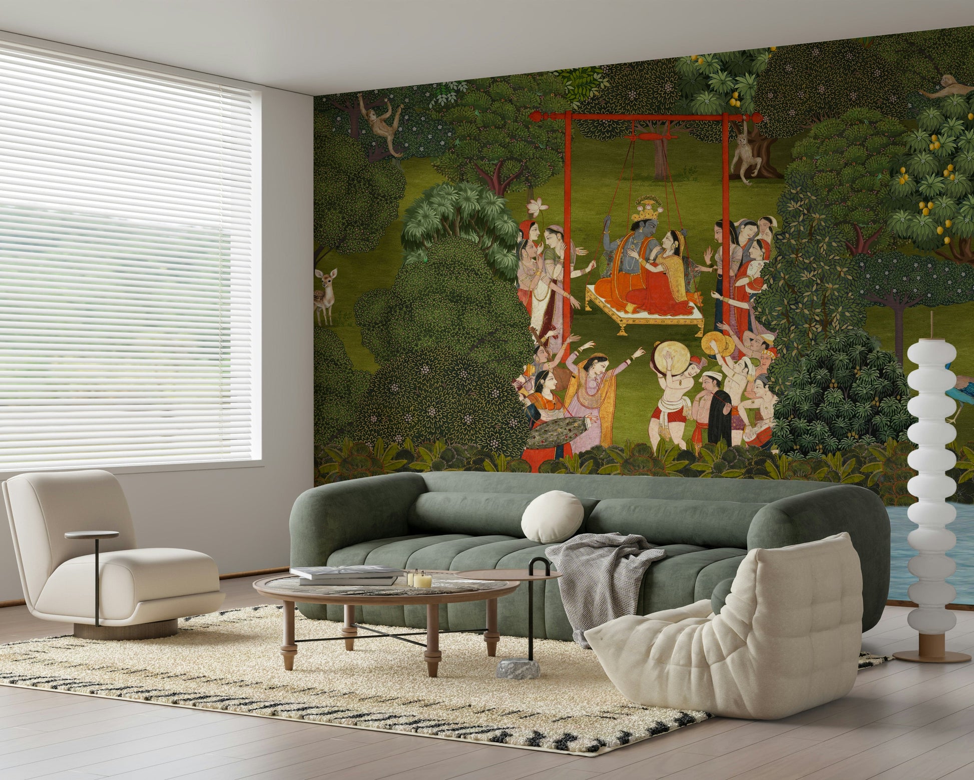 Krishna's Garden Swing wall mural for a cultural theme feature wall.
