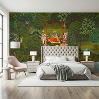 Krishna's Garden Swing wall mural for a traditional living room.