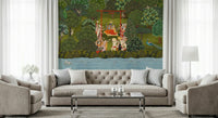 Detailed traditional art on Krishna's Garden Swing wallpaper for halls.