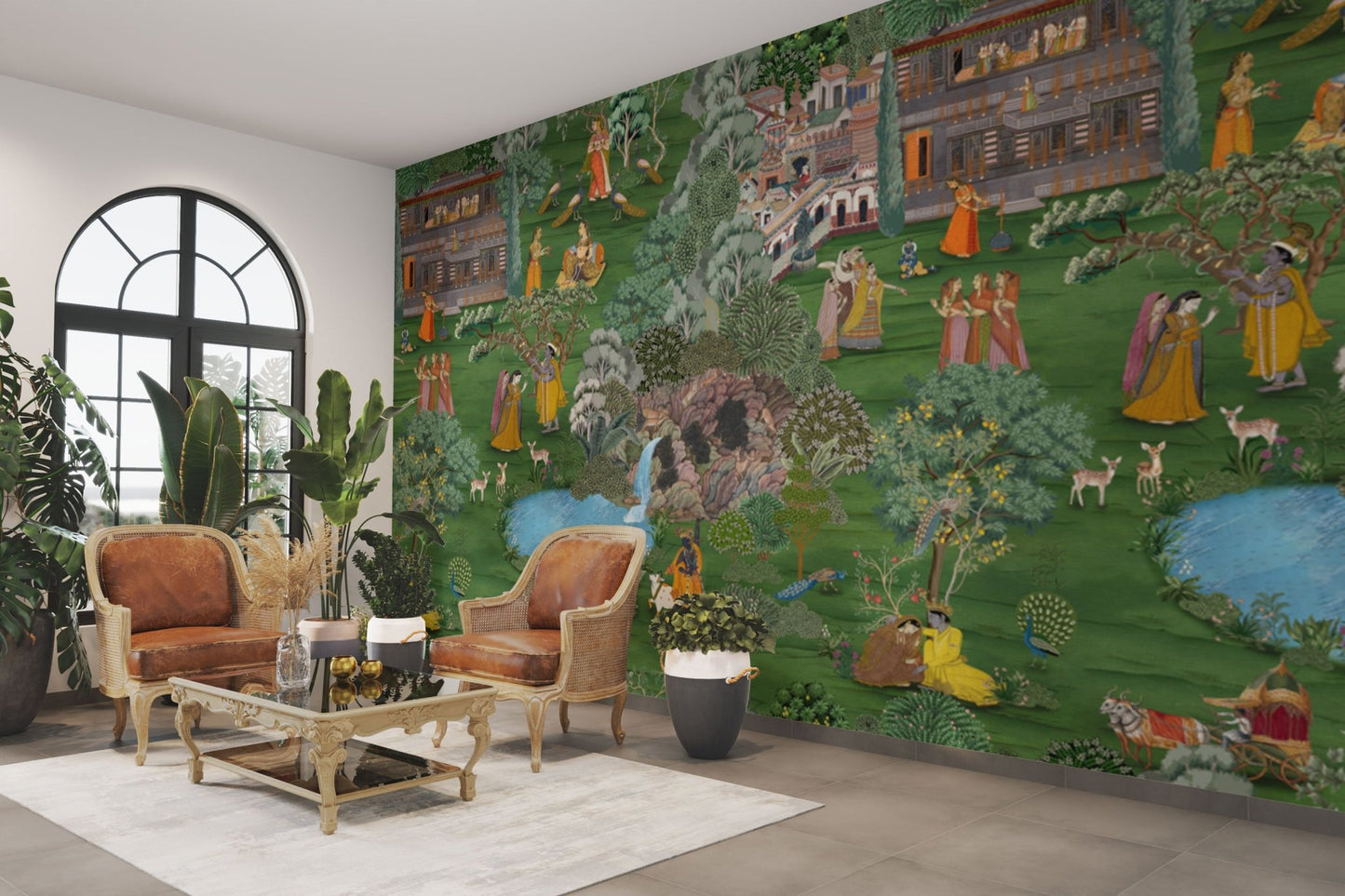 Krishna Leela in forest with peacocks

