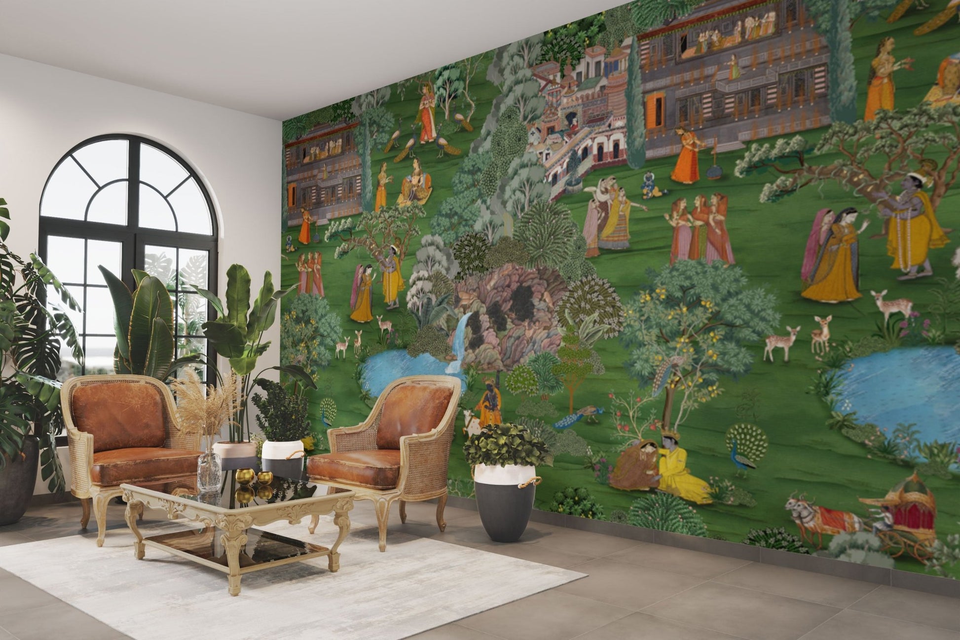 Krishna Leela in forest with peacocks

