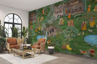 Krishna Leela in forest with peacocks

