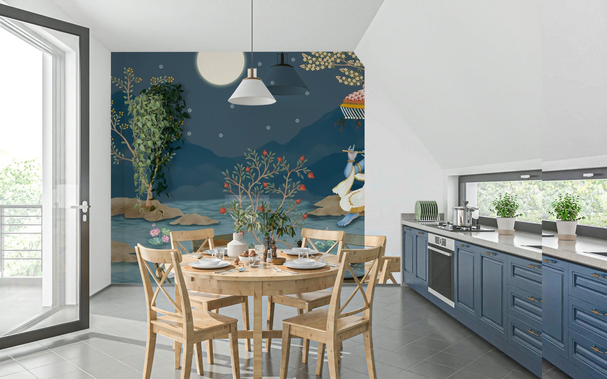 Cultural theme Krishna's Lunar Serenity wall mural for a feature wall.