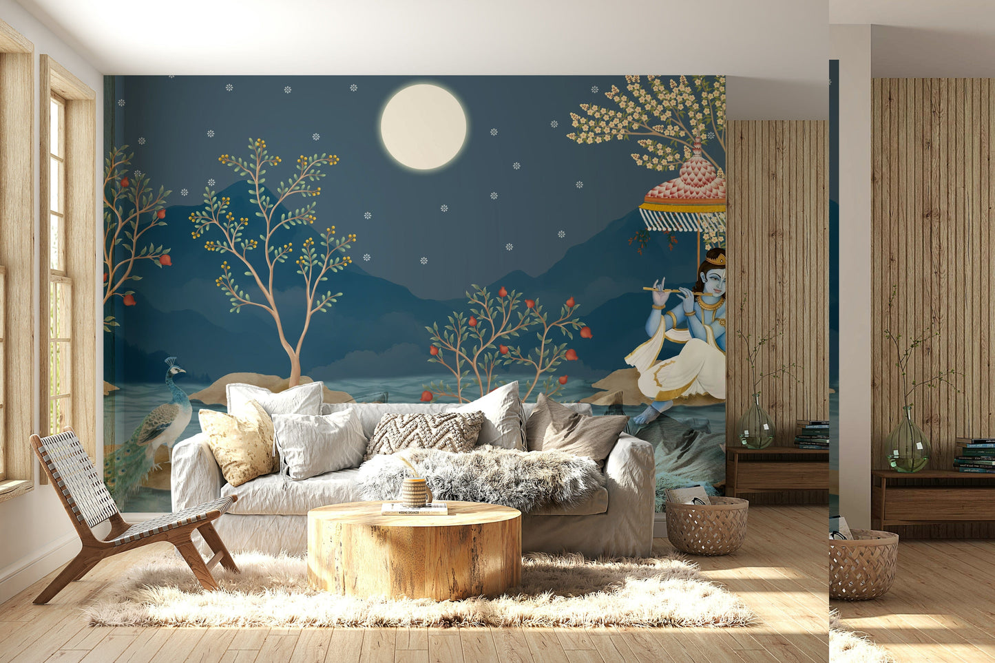 Krishna's Lunar Serenity wallpaper with soft blue tones for a prayer room.