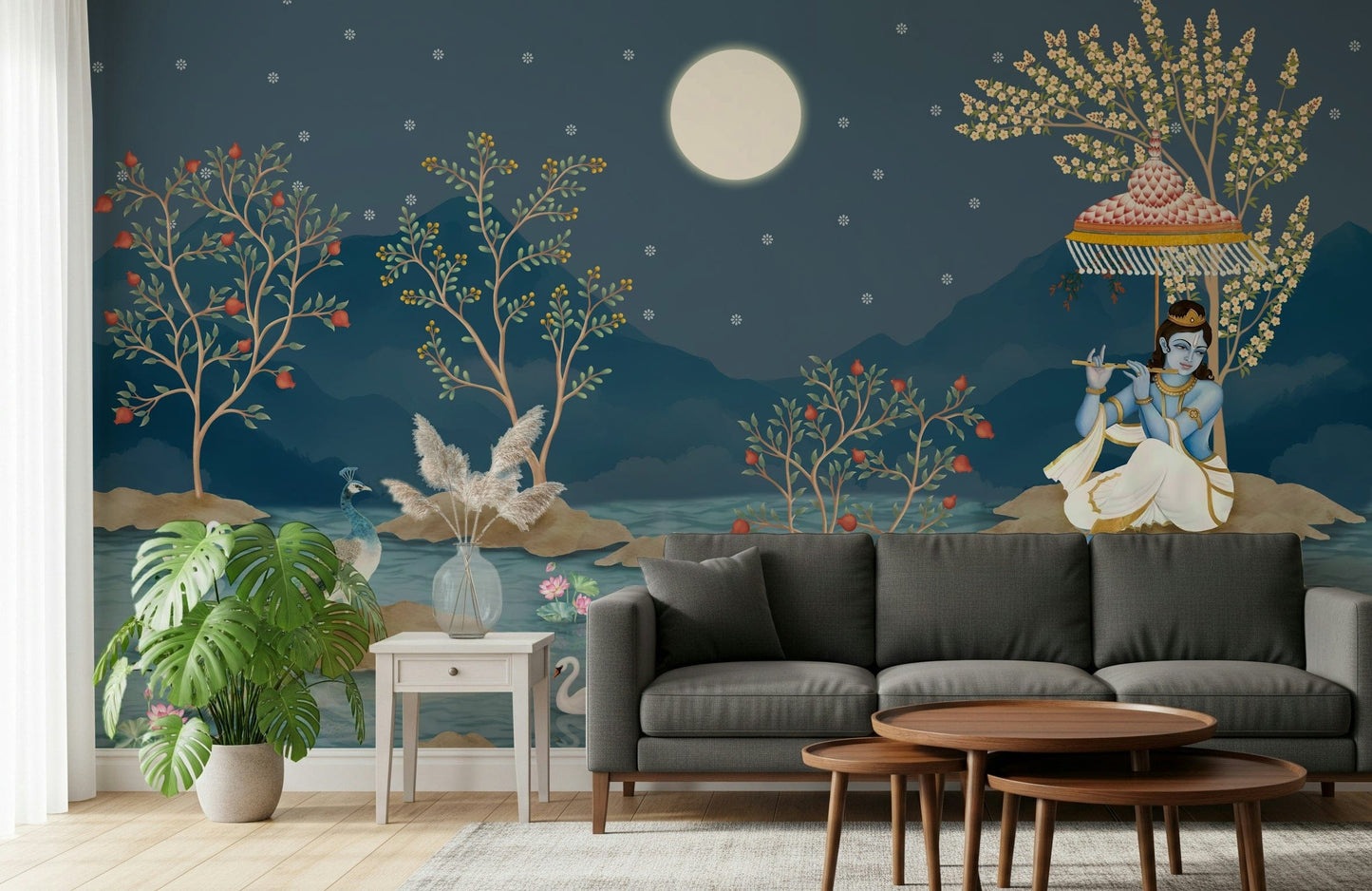 Peaceful night scene in a Krishna's Lunar Serenity wall mural for halls.