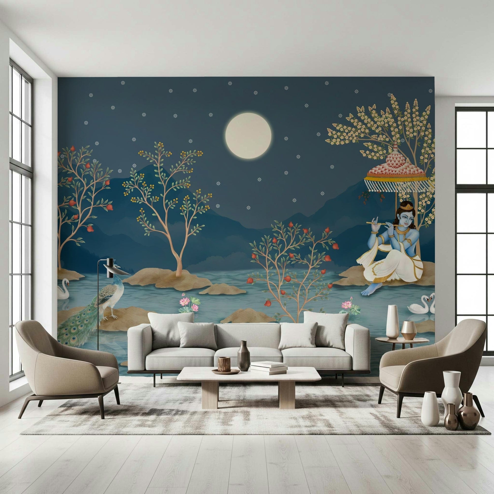 Krishna's Lunar Serenity wall mural for a spiritual living room.