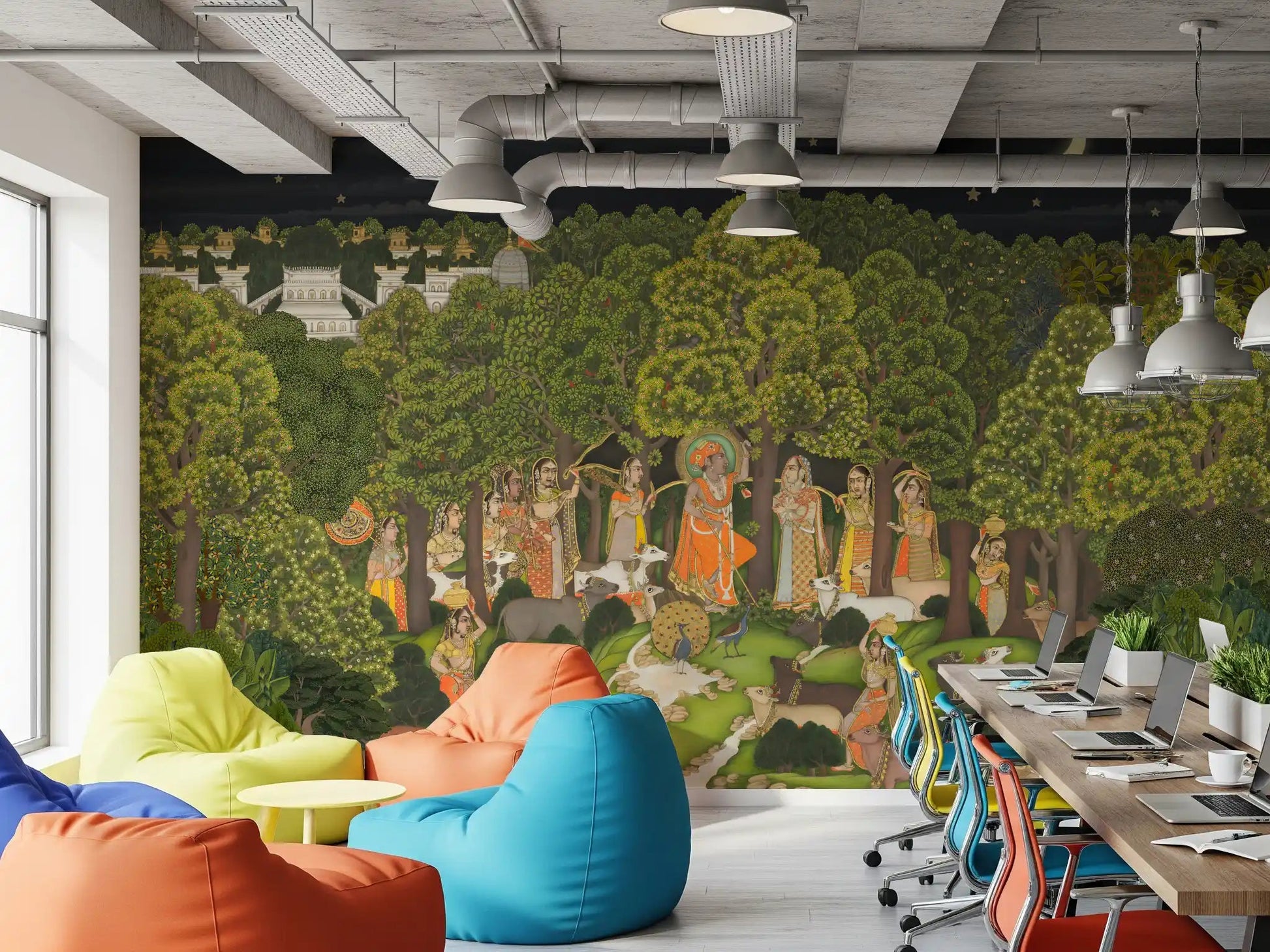 Krishna's Enchanted Forest Night Wall Mural across a playful attic Office, GD8951