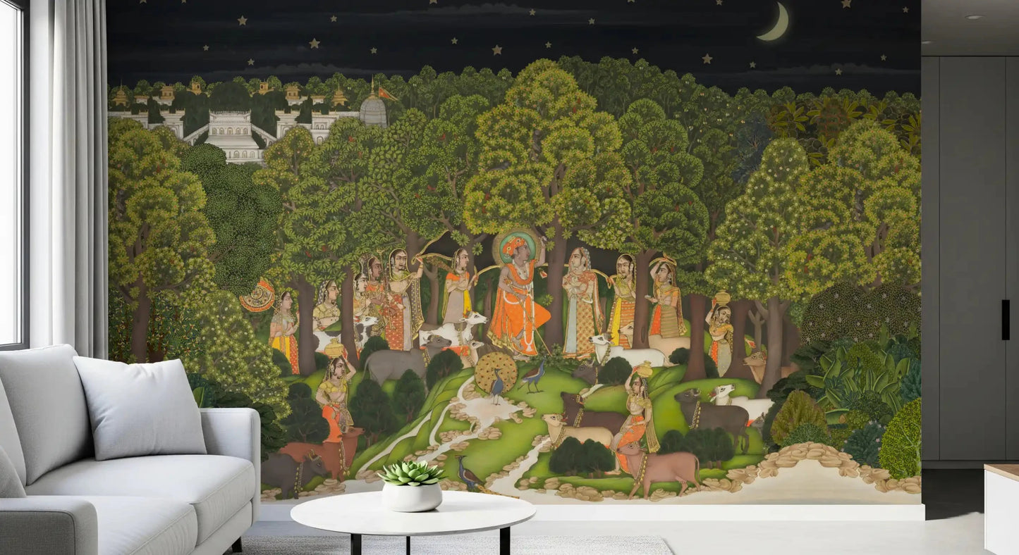 White sofa room framed by Krishna's Enchanted Forest Night Wall Mural at night, GD8951