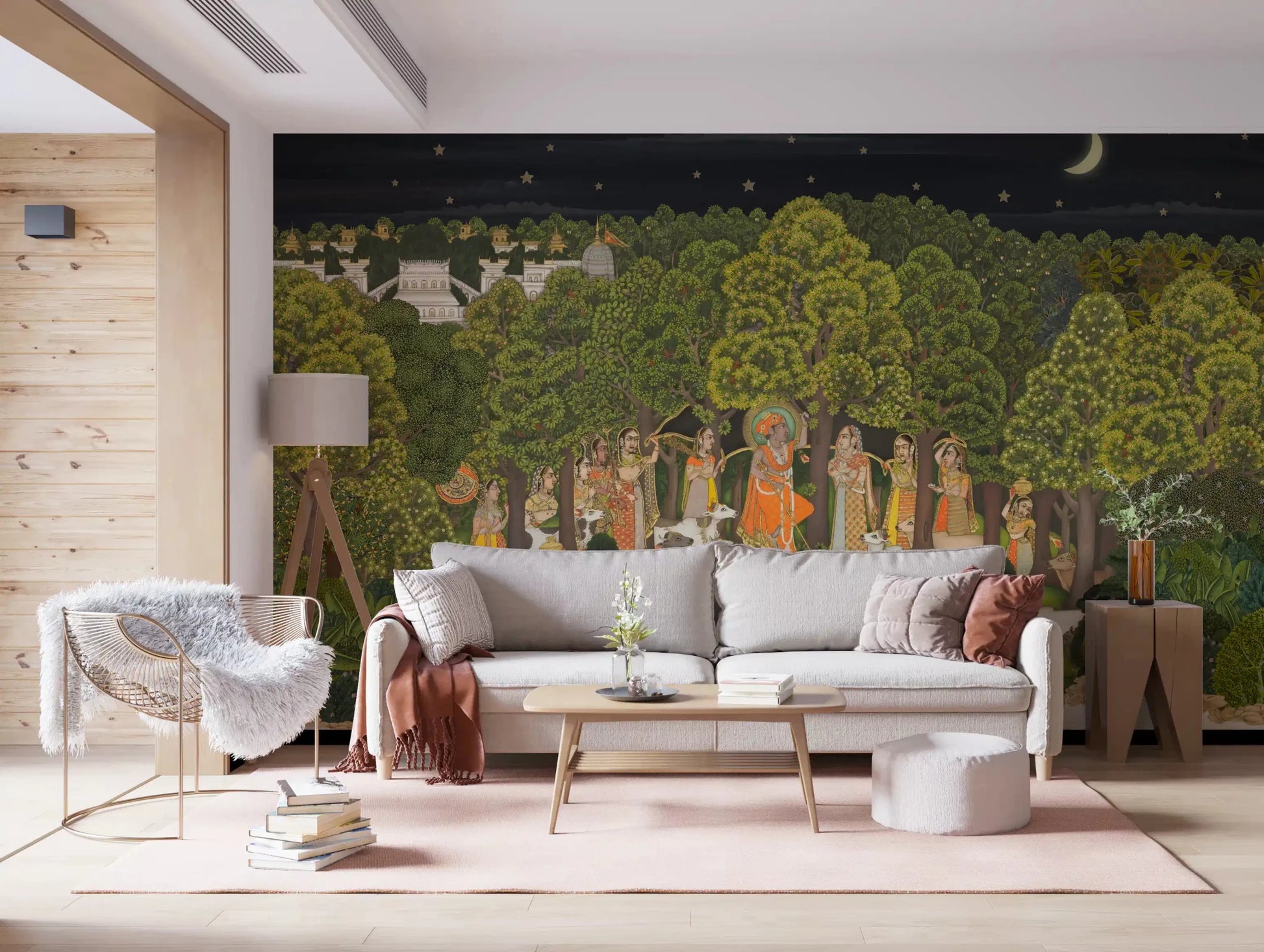 Open lounge corner finished with Krishna's Enchanted Forest Night Wall Mural, GD8951