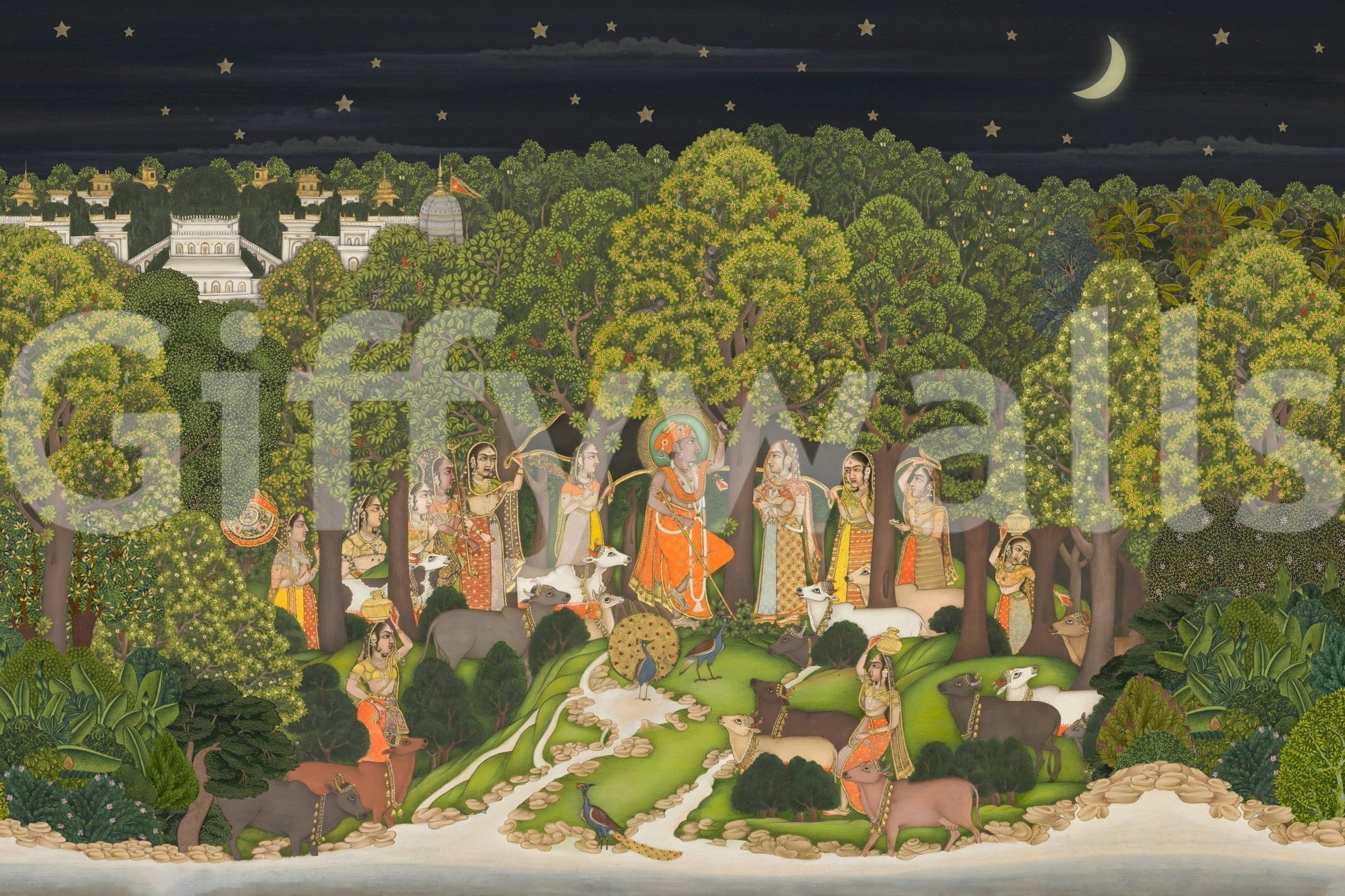 Scenic Krishna's Enchanted Forest Night Wall Mural showing stars and wildlife, GD8951