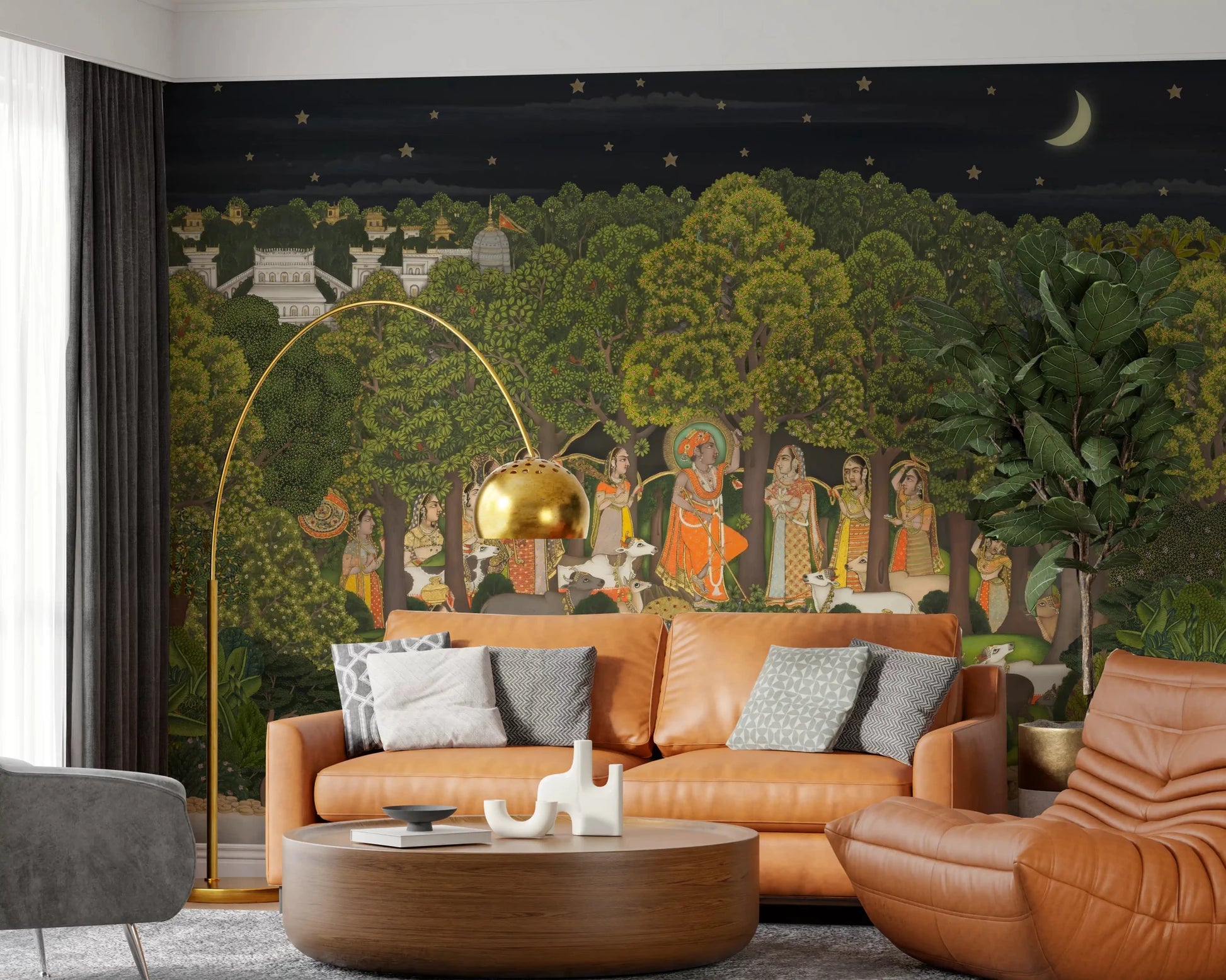 Krishna's Enchanted Forest Night Wall Mural set behind a cosy rust-toned sofa, GD8951