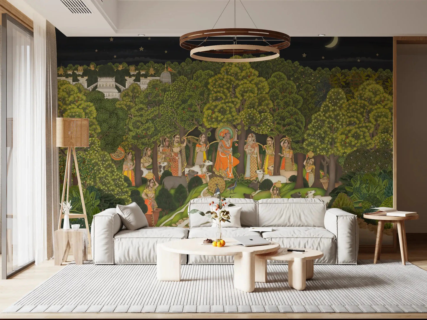 Warm neutral lounge styled with Krishna's Enchanted Forest Night Wall Mural, GD8951