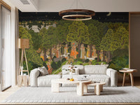 Warm neutral lounge styled with Krishna's Enchanted Forest Night Wall Mural, GD8951