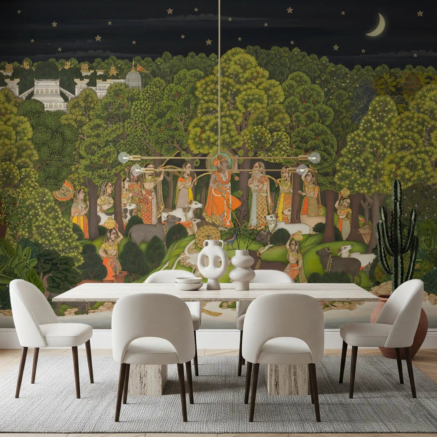 Krishna's Enchanted Forest Night Wall Mural behind a white dining set in a bright room, GD8951